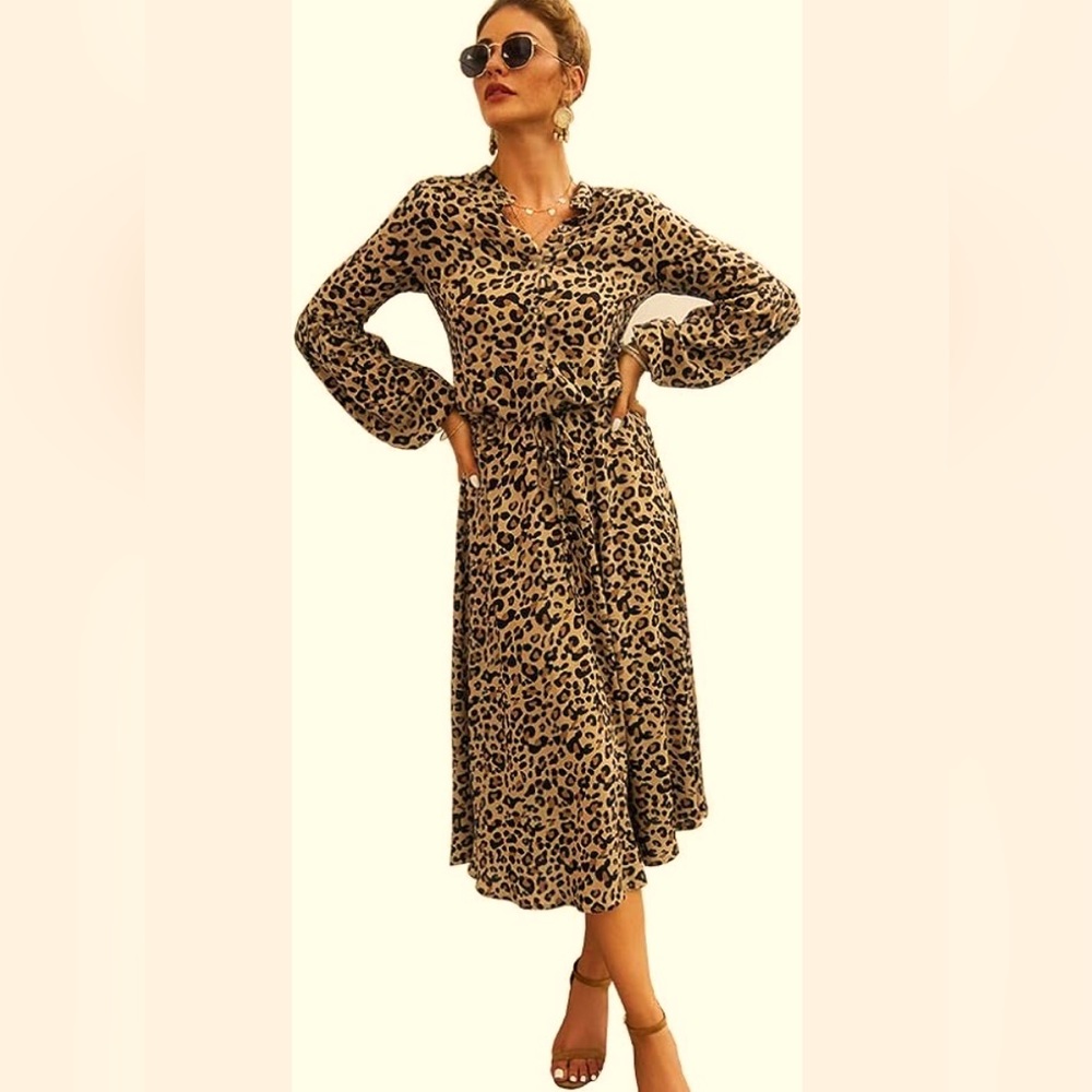 Women’s Midi Leopard Long Sleeve Dress Button Front Drawstring Belt